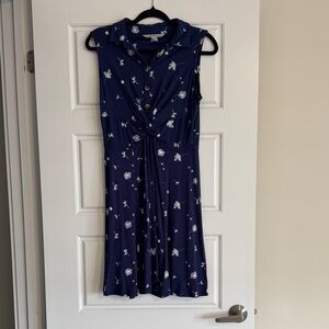 Navy Sleeveless Collared Midi Dress with White Floral Print